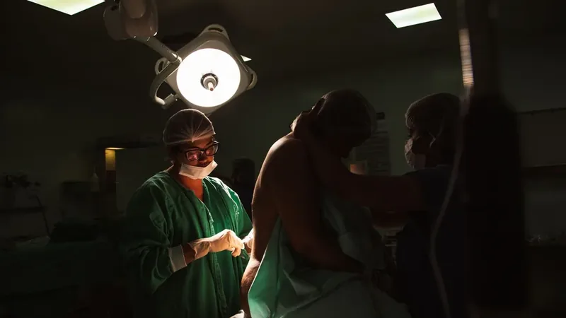 Equipe em sala de cirurgia sob o foco de luz, onde é feita a cirurgia de túnel do carpo